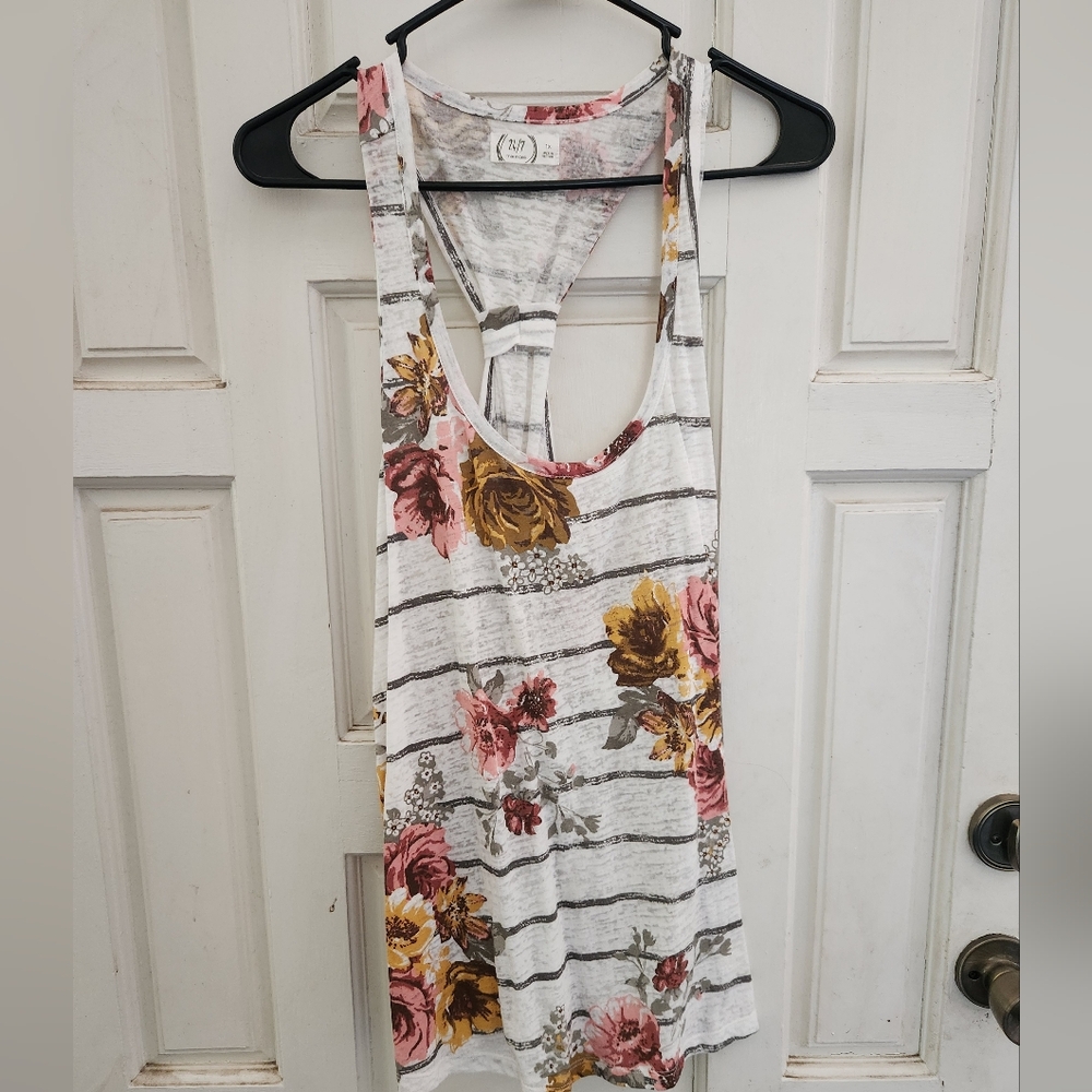 Maurices Floral and Striped Tank Top - White and Pink